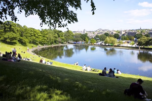 People lounging and picnicking on a sunlit grassy slope under tree shade beside a calm park pond, its surface reflecting a blue sky and distant historic city skyline.