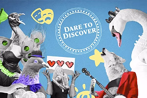 A diverse group of animals in outfits, displaying signs, showcasing creativity and fun in a festive environment.