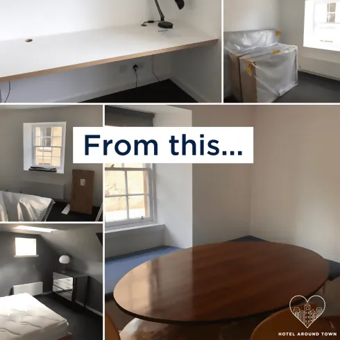 Collage of empty and undecorated cottage rooms before renovation, including bare bedrooms, table, and desk