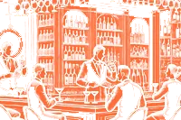 Bartender serving drinks to customers at a bar with illuminated shelves