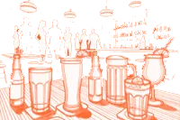 Beers and cocktails on bar counter with hanging lights and silhouettes