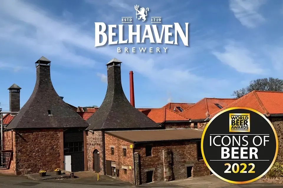 Belhaven Brewery stone buildings with pagoda roofs and World Beer Awards 2022 badge