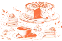 Steaming cup of tea with layered cake slices and chocolates on table