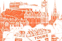 Tour bus of visitors passing a hilltop fortress and city skyline sketch